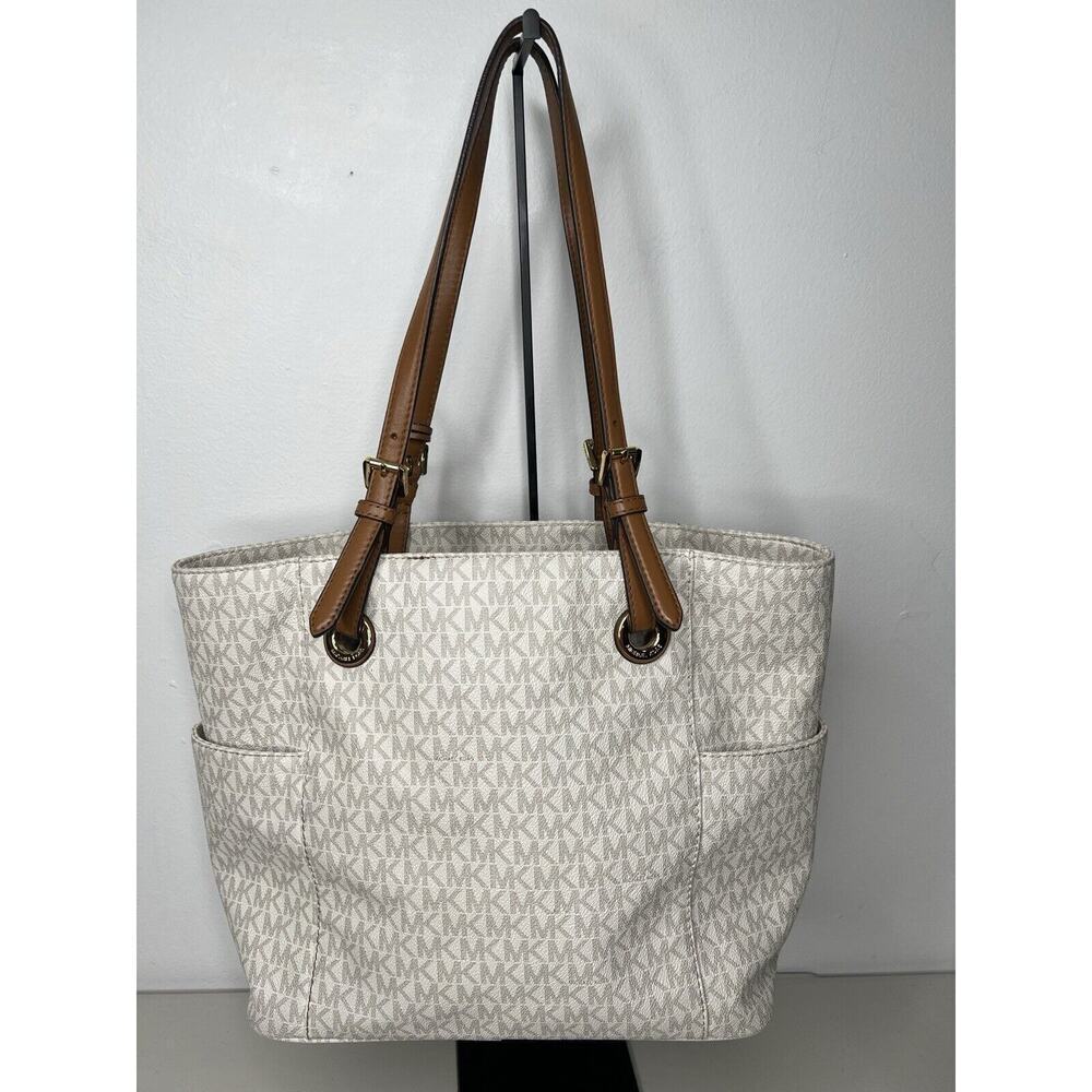 Michael Kors Jet Set Travel Logo Tote White Brown - Picture 3 of 16